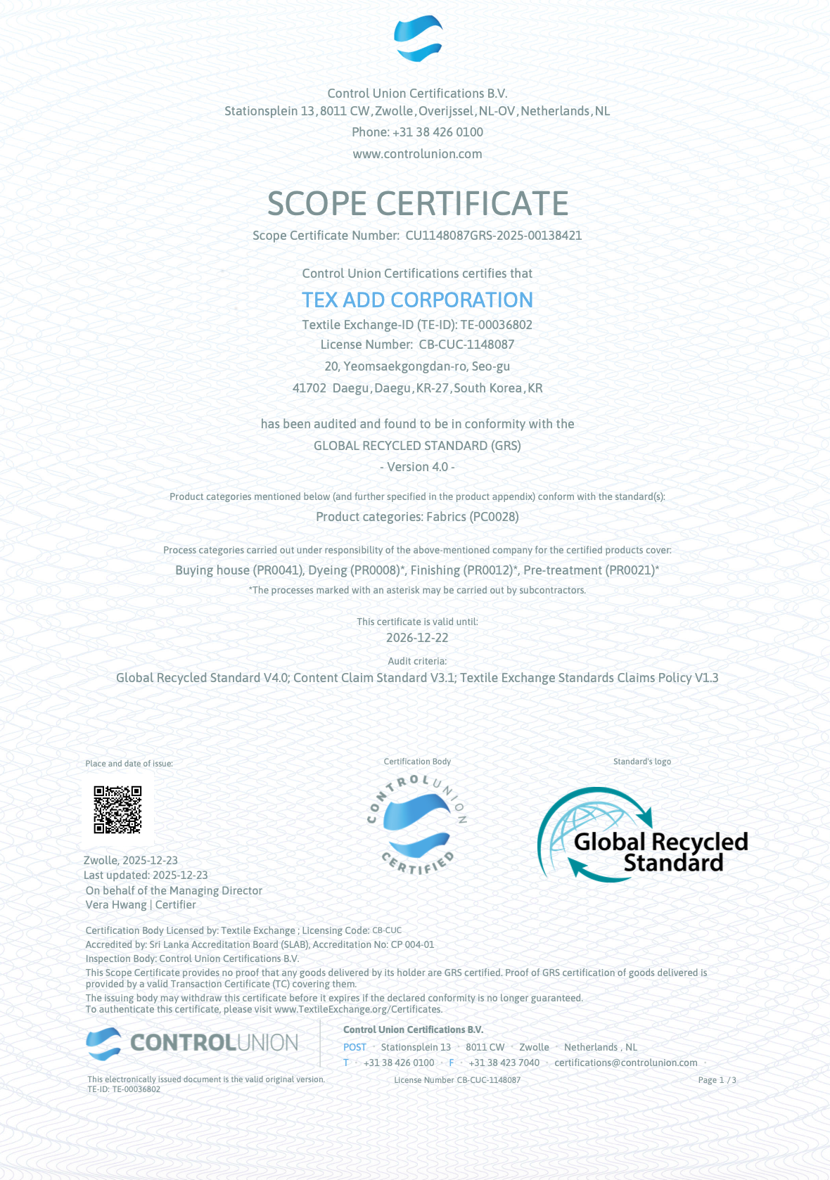 GRS Global Recycled Standard certification